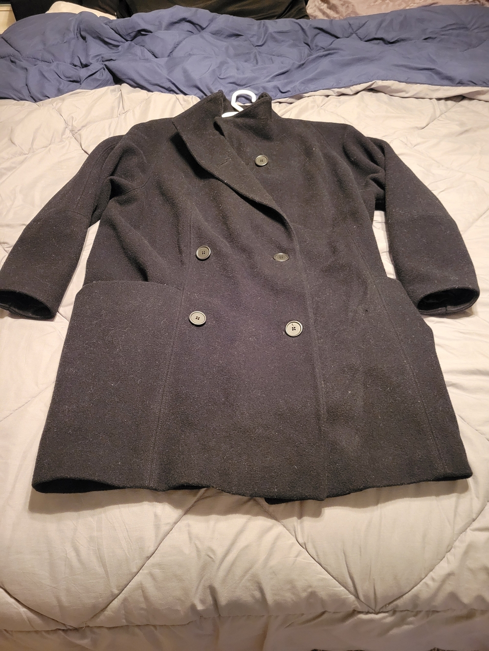 Perry Ellis Unisex Double-Breasted Black Wool Pea Coat